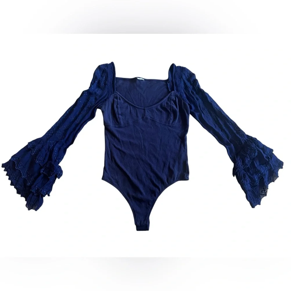 FREE PEOPLE Intimately Enchanted By You Bodysuit Ruffled Eyelet Bell Sleeve Navy